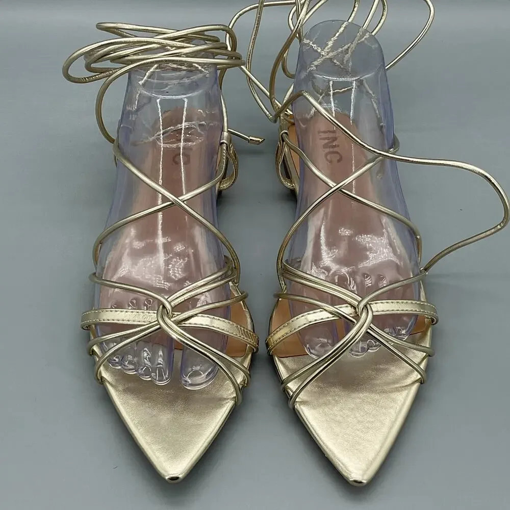 NEW INC Women’s Kharmaa Lace Up Flat Sandals Gold Size 11M